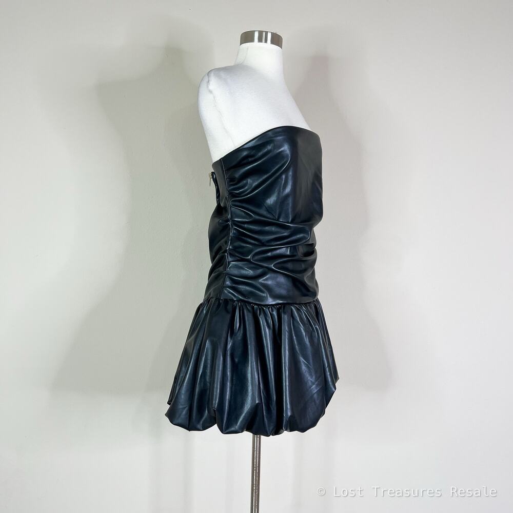 AKIRA | Black Faux Leather Bubble Hem Fitted Drop Waist Strapless Mini Dress XL - Picture 5 of 11